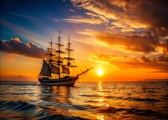 Obraz premium Silhouette of Ship Sailing at Sunset, Calm Ocean Waves, Dramatic Seascape