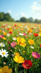 Obraz premium Field of colorful wild flowers swaying in the wind, nature, blooms, spring