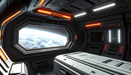 Obraz premium Grunge Spaceship interior with view on planet Earth 3D rendering, Backlit, with white tones