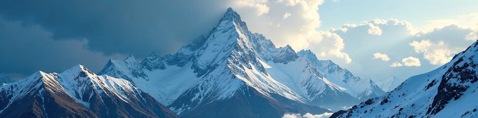 Fototapeta premium Fierce storm clouds gather over snow-encrusted mountain peak, frosty landscape, rugged peaks