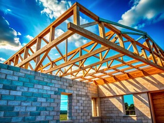 Silhouette of Timber Roof Truss Against Blue Sky During House Construction
