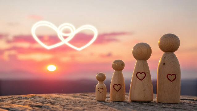 Wooden Figurines with Hearts against Romantic Sunset Sky - Powered by Adobe