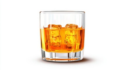 Golden Beverage in Rocks Glass - Refreshing drink, ice cubes, amber liquid, crystal glass, cool refreshment.