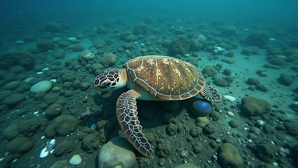Fototapeta premium Turtle Swimming Underwater Amidst Trash: A Close-up of Ocean Pollution