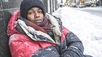 homeless individual of color sitting on a city sidewalk, highlighting the struggles of marginalized communities in accessing affordable housing and resources. [Racial and Class Discrimination]:[Social