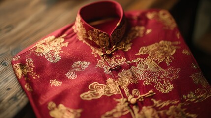 Chinese New Year shirt adorned with intricate golden zodiac patterns and a tailored, classic design