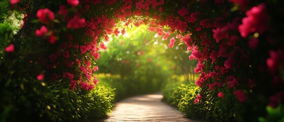 Vibrant floral archway in a lush garden pathway.