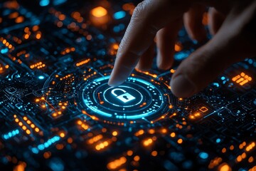 A close-up depiction of a hand engaging with a digital lock symbol, symbolizing security and technological progress