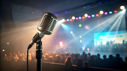 Vintage Microphone on Stage with Colorful Lights and Audience