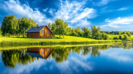 Fototapeta premium A beautiful house on a green field with a blue sky and its reflection in the water
