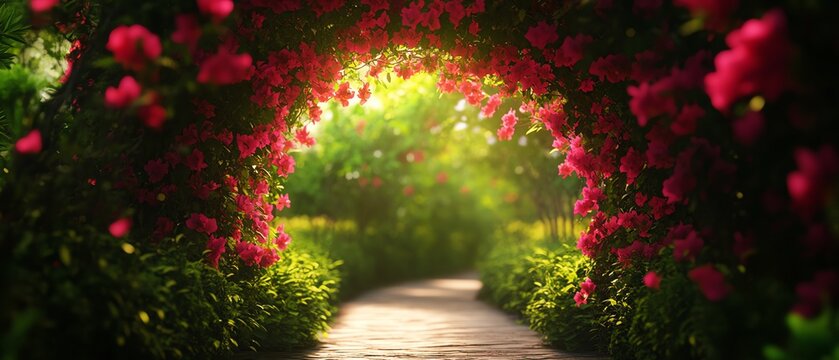 Vibrant floral archway in a lush garden pathway.