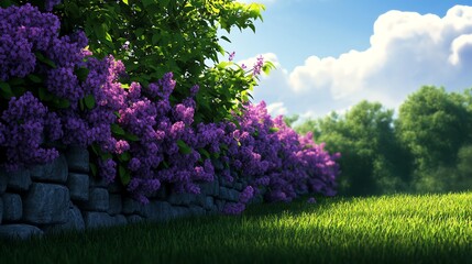 Obraz premium Vibrant flowers blooming near a green lawn.
