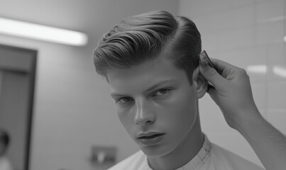 Fototapeta premium Man's Haircut, Barber Shop, Styling, Monochrome, Close-up, Modern, Hair, Salon