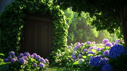 Vibrant garden with blooming hydrangeas