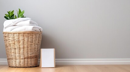Fototapeta premium Laundry basket with towels beside potted plant and blank frame against wall