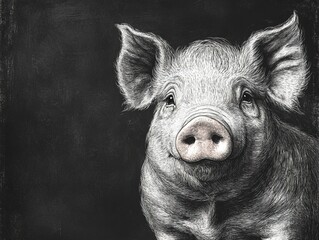 A detailed illustration of a pig with a friendly expression against a dark background.