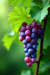 Fototapeta premium Lush green leaves and purple grapes on a viney branch, grapes, flowers, leafy greens