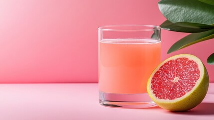 Glass of pink grapefruit juice with half and green leaves on background
