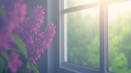 Naklejka premium Lilac Blossoms by Sunny Window, Springtime Serenity