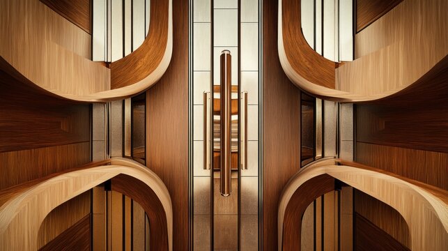 Symmetrical wood interior architecture with curved lines and glass walls. - Powered by Adobe