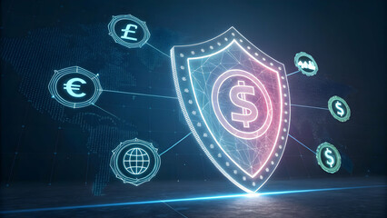 Digital security concept with shield and currency symbols in background