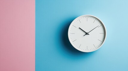Minimalist wall clock against pink and blue background