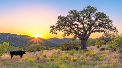 Lone Cow Grazing at Sunset Texas Hill Country