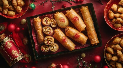 Chinese pastries, including sugar-coated peanuts and crispy spring rolls, surrounded by red and gold decorations.