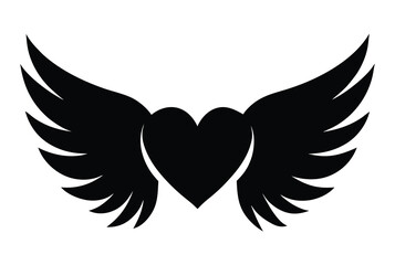 Black heart with wings on white background. Silhouette heart icon with two wings. Love heart with wings vector icon design