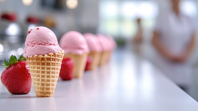 Pink ice cream in cones lined up on counter with strawberry
