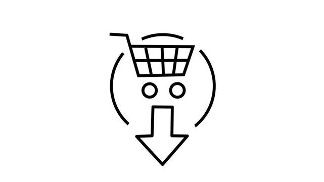 online purchases and digital downloads icon concept with shopping cart and a downward arrow, e-commerce transactions. ideal for websites, line path animation