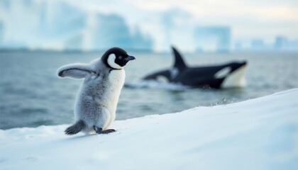 Emperor penguin chick with fluffy white and gray plumage flapping its tiny wings a snowy hill playful with orca