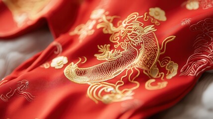 Fototapeta premium A baby red romper with a gold zodiac animal design, neatly presented