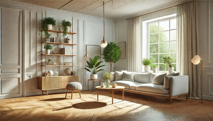 Fototapeta premium Stylish apartment interior, wooden flooring, white walls,
