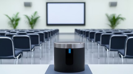 Fototapeta premium Conference room setup with a speaker and empty chairs facing a screen.