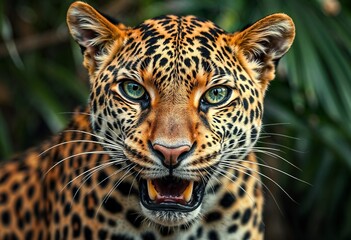 Fototapeta premium Fierce-looking leopard with sharp slightly open mouth showing sharp teeth against a blurred jungle