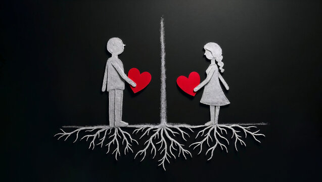 Chalk drawing of two figures holding red hearts, separated by a line with intertwined roots below. Concept of separation or distance in relationships.