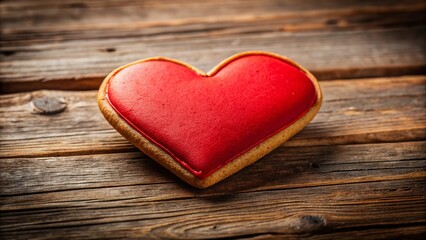 Single Red Heart Shaped Cookie on Rustic Wooden Background, Valentine's Day Dessert