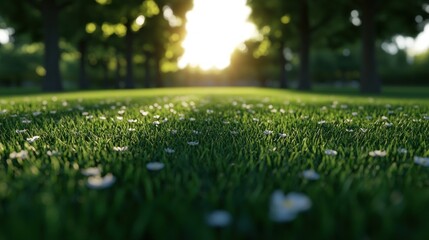 Naklejka premium Serene Sunset Meadow: A Peaceful Evening in a Lush Green Field