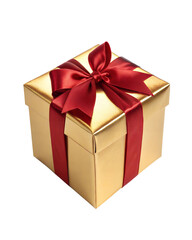 Obraz premium Gold gift box with red ribbon and bow isolated on white background. Present box for Christmas
