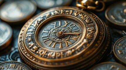 Obraz premium Antique Pocket Watch Amidst a Collection of Coins: A Timeless Treasure