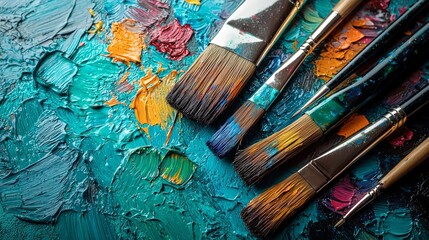 Obraz premium Photo Colorful Paint Palette and Brushes Artistic Tools