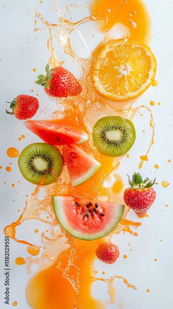 Poster slices of juicy watermelon, kiwi, orange, and strawberries are mixed with a vibrant orange juice spl