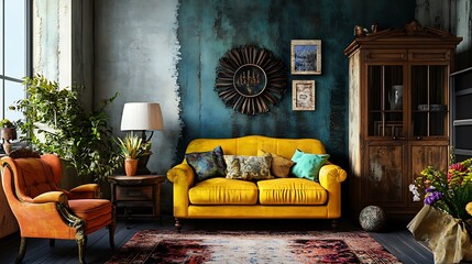 Stylish and vibrant living area with modern furniture and artistic accents image