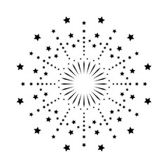 Firecracker inspired radiant spark icon. Abstract light burst with circular flare lines. Firework explosion with sunburst design in black isolated on white background