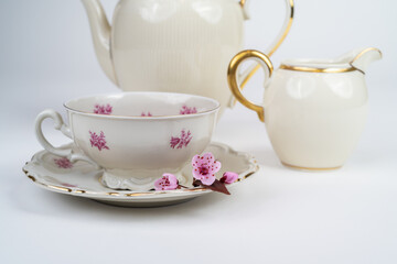 Still life with a beautiful fine porcelain teacup, tea accessories and a pink blossoming branch in an elegant porcelain teapot on a white background