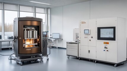 Industrial laser welding machine works effectively, creating sparks against a light blue backdrop in a professional environment