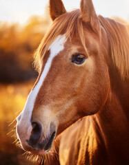 Obraz premium Close up portrait of horse in field. Farm or wild animal. Zoo concept, wildlife. Golden landscape.