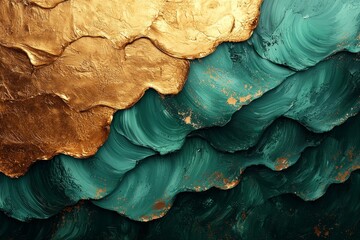 Fototapeta premium Closeup of an abstract, rough, colorful dark green art painting texture background wallpaper featuring oil or acrylic brushstroke waves and pallet knife paint on canvas