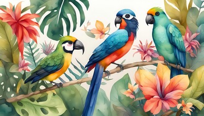Obraz premium papagaios exuberantes posam graciosamente em um galho, rodeados por um cenário vibrante de folhas tropicais e flores coloridas. Suas penas exibem um esplendor de cores — generate IA